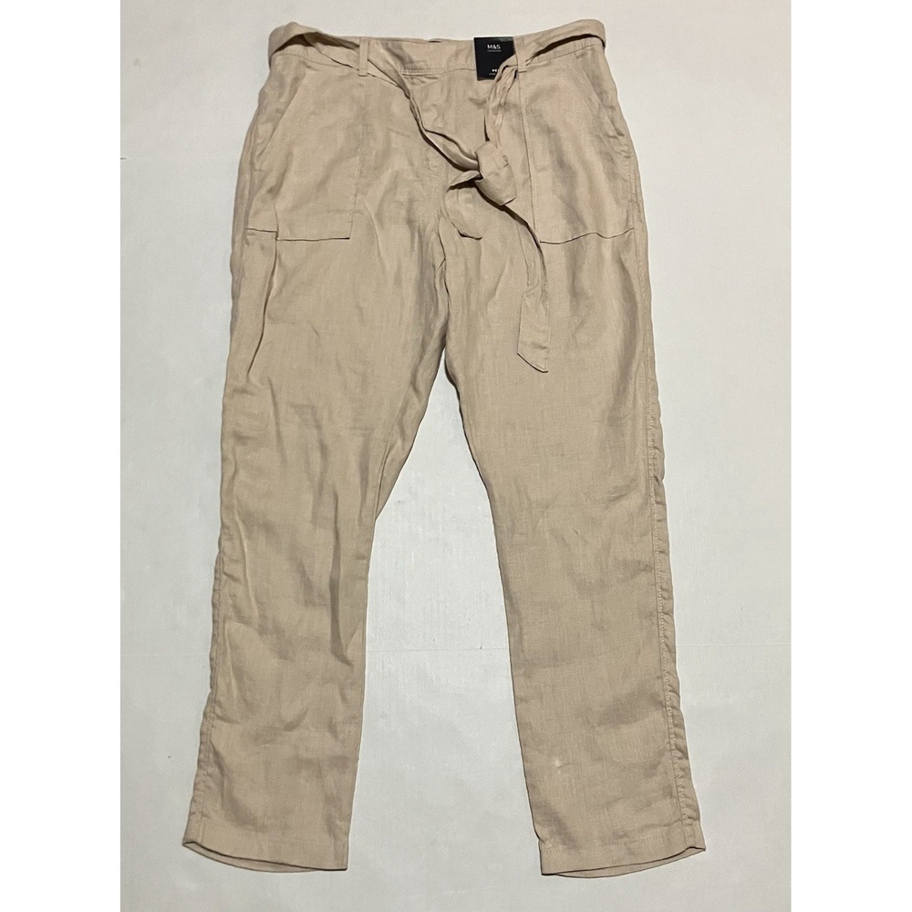 Marks And Spencer M&S Collection Beige Linen Belted Pants UK Size 12 W34 X 29L
